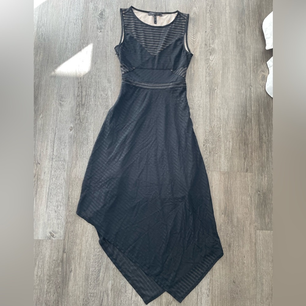 BCBGMaxAzria XS Black Nude Stripe Asymmetrical Dress Sleeveless Fitted Cocktail